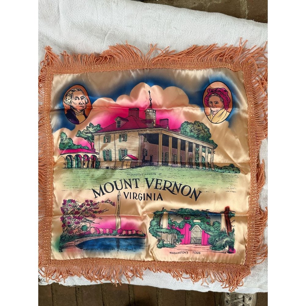 Vintage Souvenir MOUNT VERNON GEORGE WASHINGTON Satin PILLOW COVER